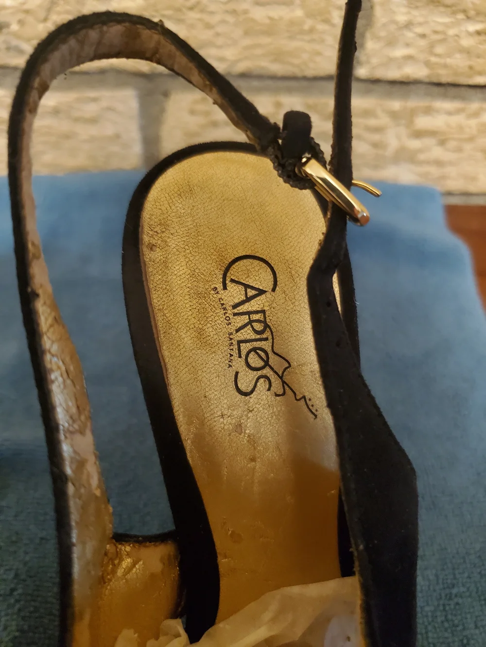 Carlos by Carlos Santana Black Suede Slingback Heels with Amber and Black Jewels